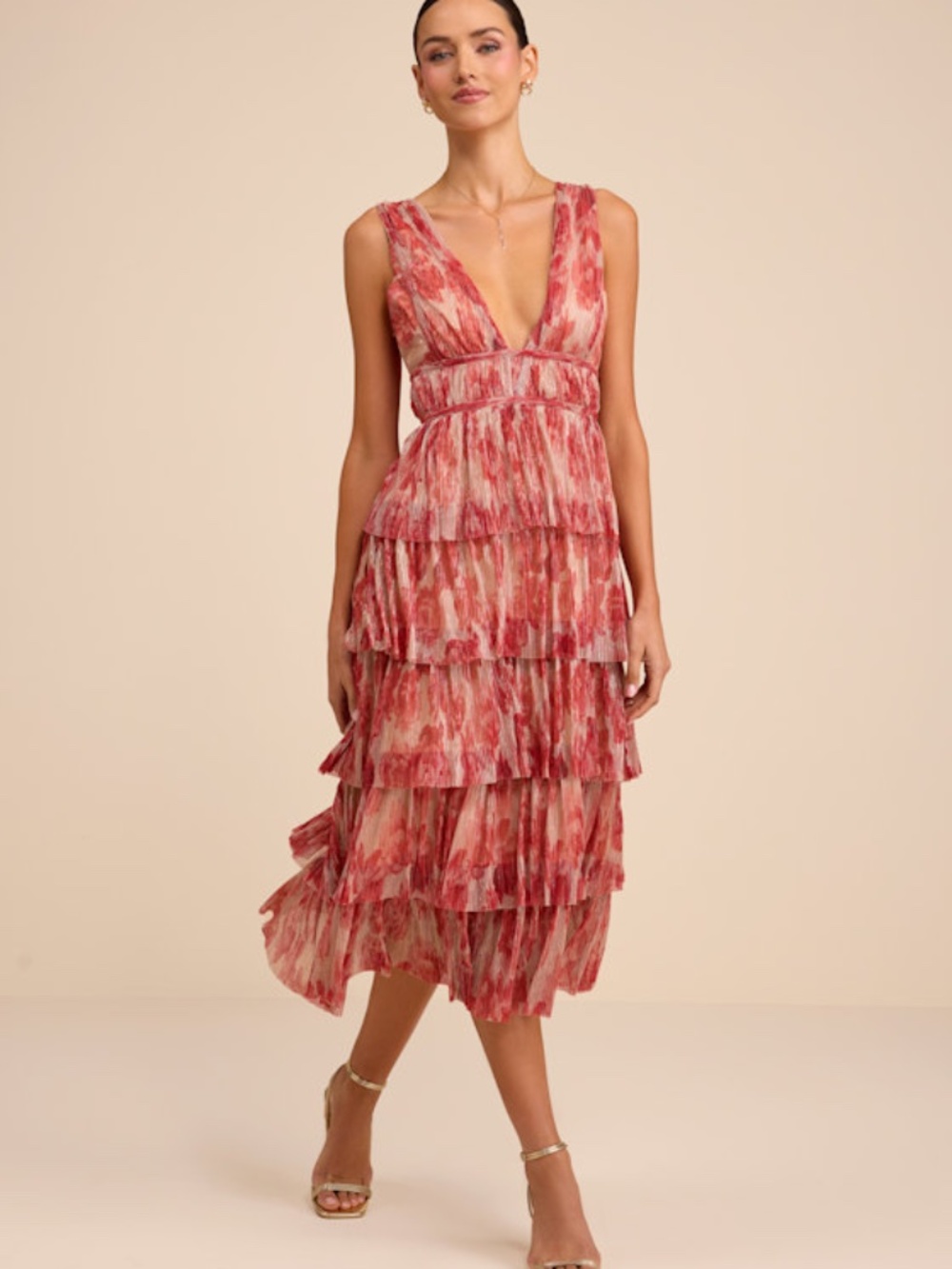 Lulus Valentia Magenta Plisse Sleeveless Tiered Midi Dress Pink - Size S